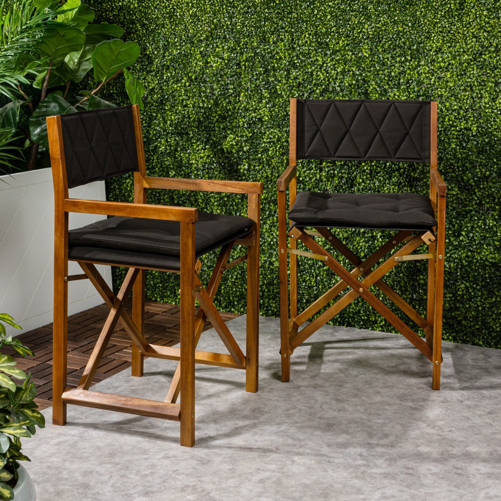 Patio Classic Mid-Century Outdoor Acacia Wood Foldable Diamond-Quilted Back Director Chair with Cushion Set 2