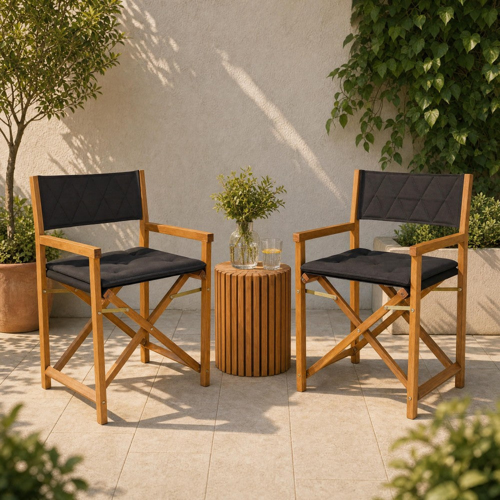 Patio Classic Mid-Century Outdoor Acacia Wood Foldable Diamond-Quilted Back Director Chair with Cushion Set 2