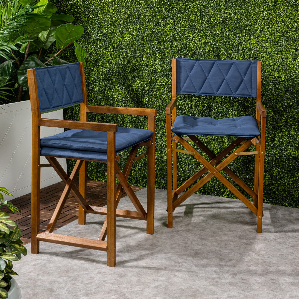 Patio Classic Mid-Century Outdoor Acacia Wood Foldable Diamond-Quilted Back Director Chair with Cushion Set 2