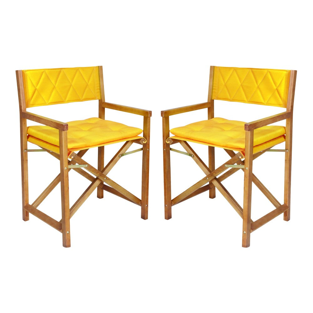 Patio Classic Mid-Century Outdoor Acacia Wood Foldable Diamond-Quilted Back Director Chair with Cushion Set 2
