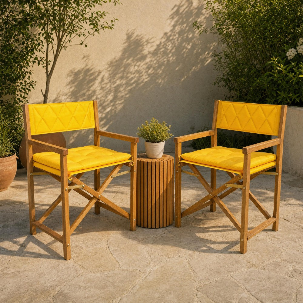 Patio Classic Mid-Century Outdoor Acacia Wood Foldable Diamond-Quilted Back Director Chair with Cushion Set 2