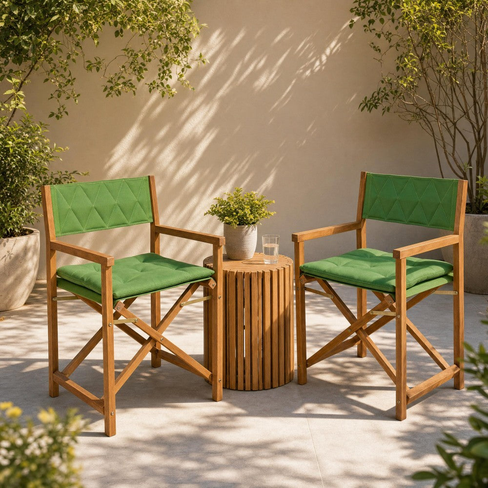 Patio Classic Mid-Century Outdoor Acacia Wood Foldable Diamond-Quilted Back Director Chair with Cushion Set 2