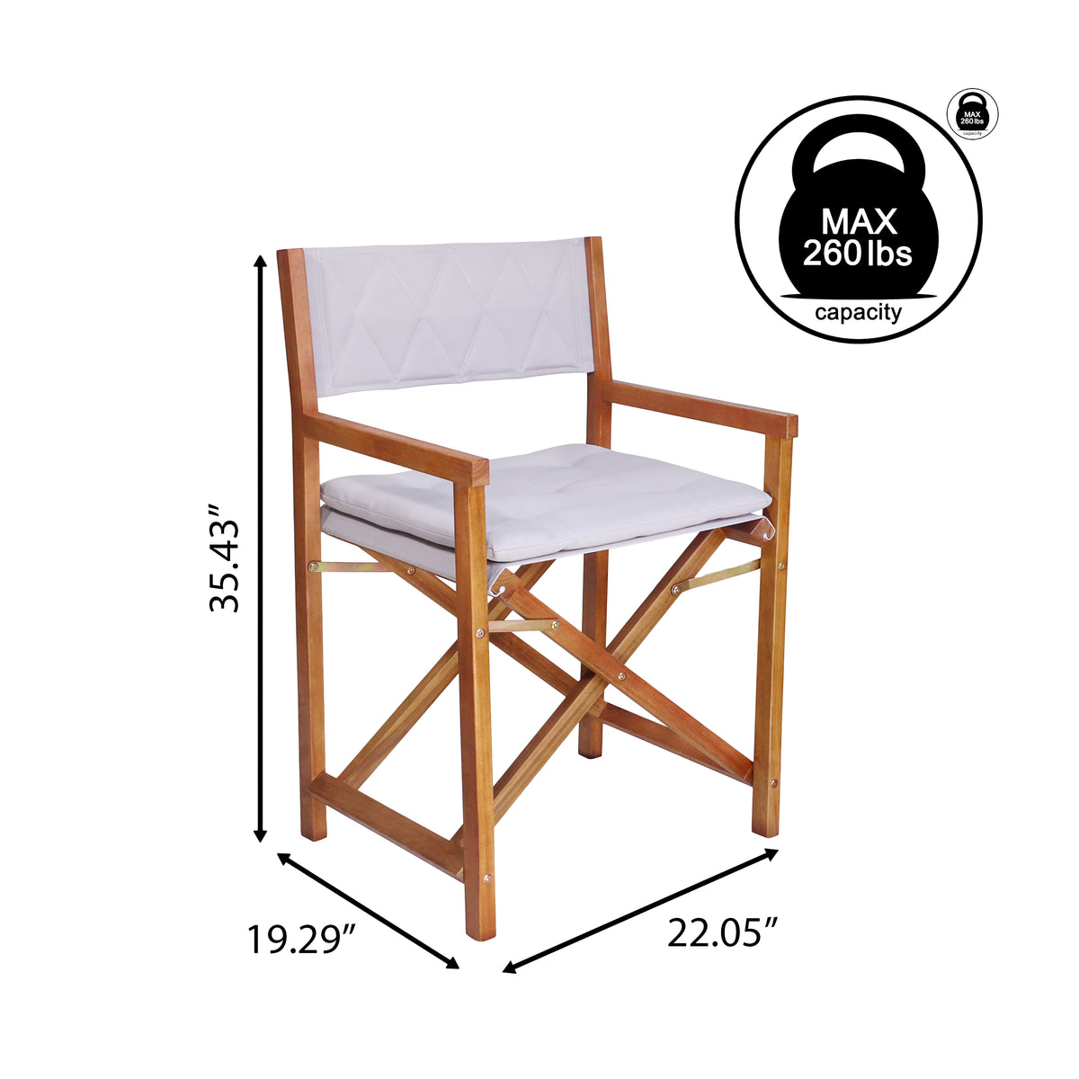 Patio Classic Mid-Century Outdoor Acacia Wood Foldable Diamond-Quilted Back Director Chair with Cushion Set 2