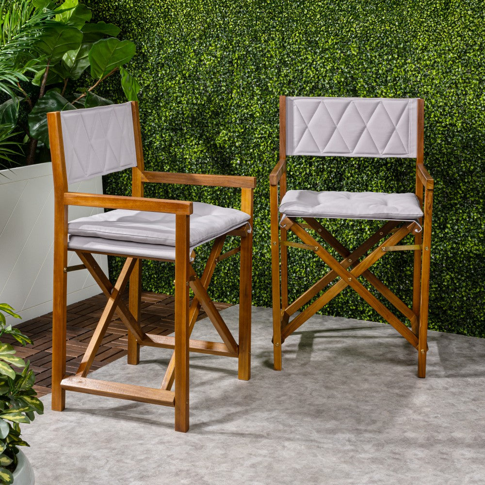 Patio Classic Mid-Century Outdoor Acacia Wood Foldable Diamond-Quilted Back Director Chair with Cushion Set 2