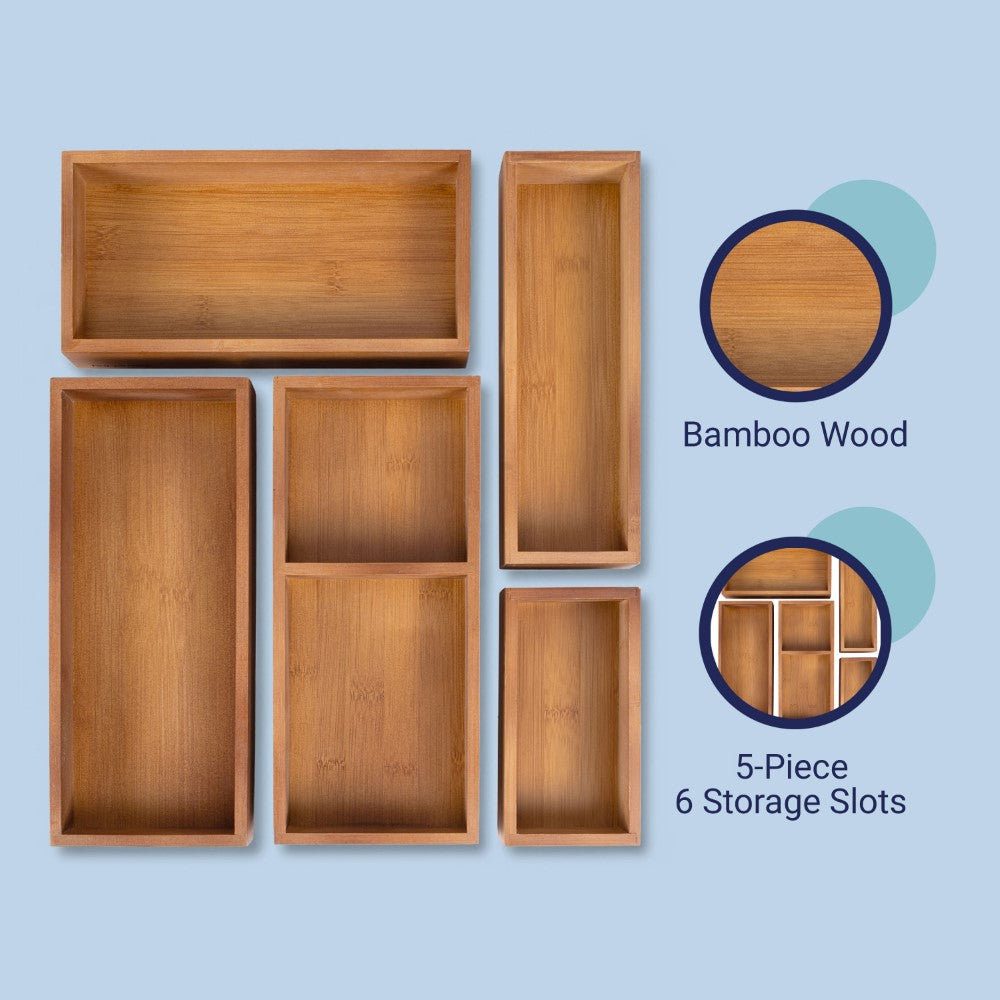 Brindle Handcrafted 5-Piece Multi-Use Individual Bamboo Drawer Organizer Boxes