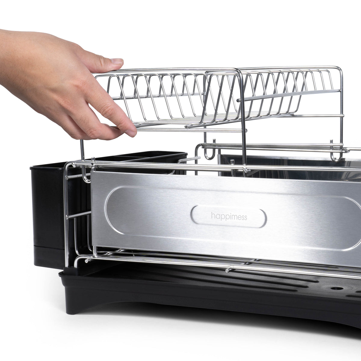 Compact 18.25" 2-Tier Fingerprint-Proof Stainless Steel Dish Drying Rack with Swivel Spout Tray - Silver/Black