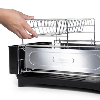 Compact 18.25" 2-Tier Fingerprint-Proof Stainless Steel Dish Drying Rack with Swivel Spout Tray - Silver/Black