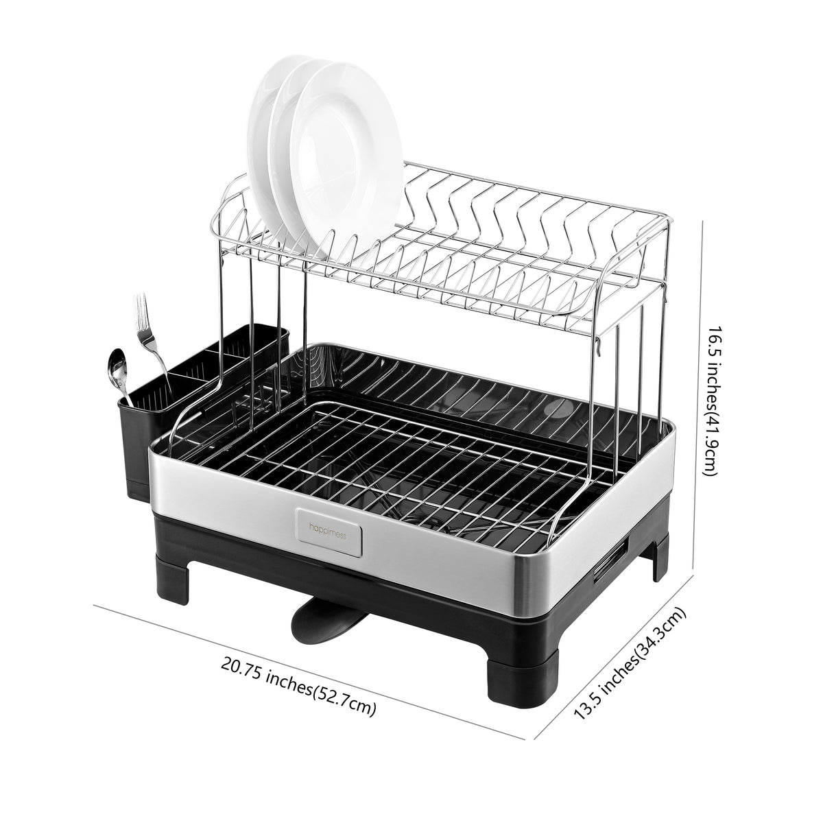 Palazzo 20.75" Fingerprint-Proof Stainless Steel 2-Tier Dish Drying Rack with Swivel Spout Tray - Silver/Black