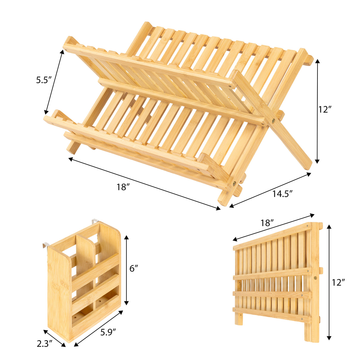 Bliss Farmhouse Bamboo Foldable 2-Tier Dish Drying Rack with Detachable Utensil Holder