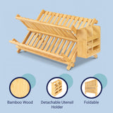 Bliss Farmhouse Bamboo Foldable 2-Tier Dish Drying Rack with Detachable Utensil Holder