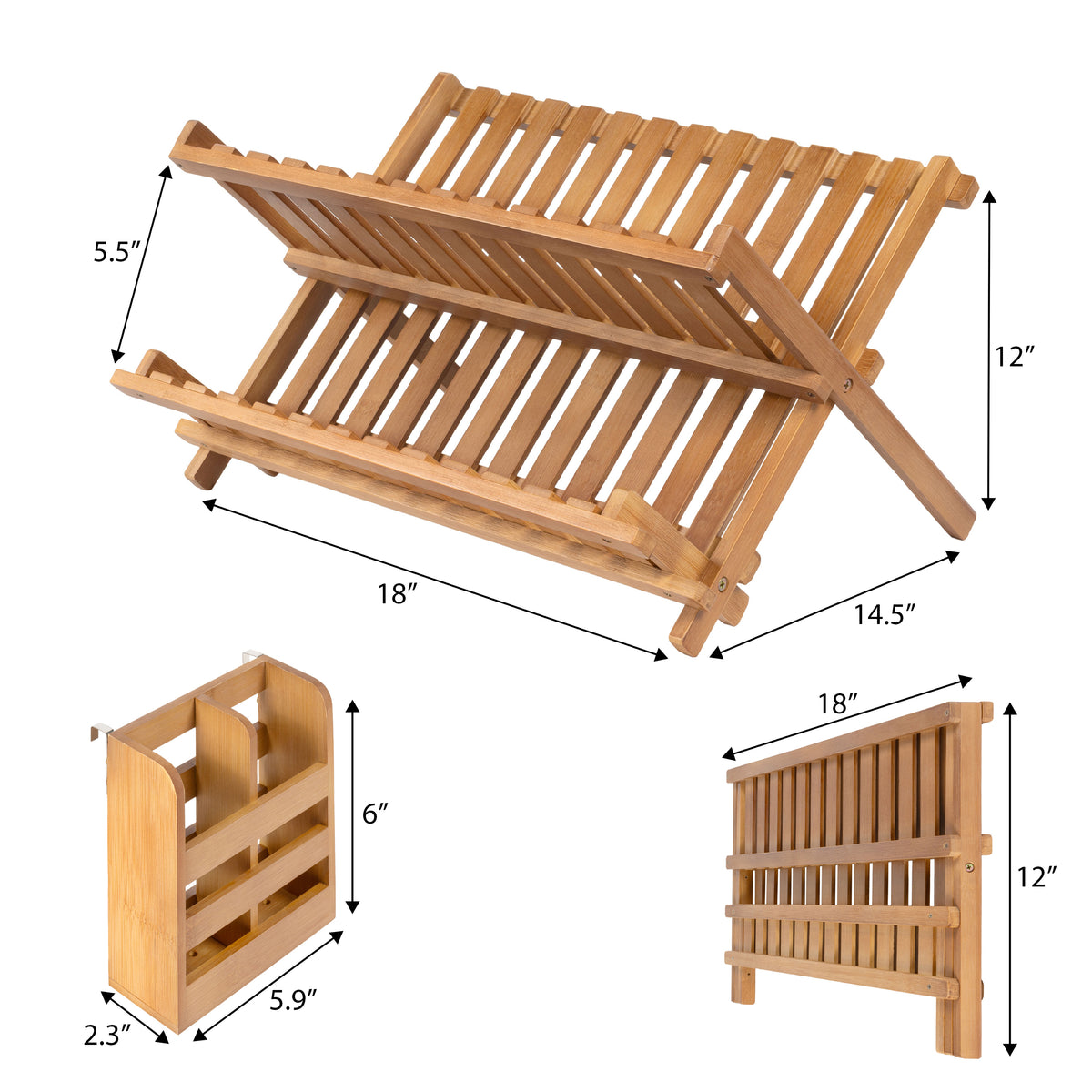 Bliss Farmhouse Bamboo Foldable 2-Tier Dish Drying Rack with Detachable Utensil Holder