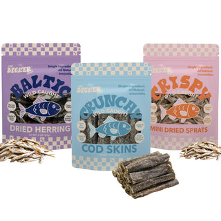 THE LICKER STORE Gluten and Grain-Free Omega-3 Single Ingredient Crunch Dried Fish Chews and Treats for Dogs Variety 3 Pack