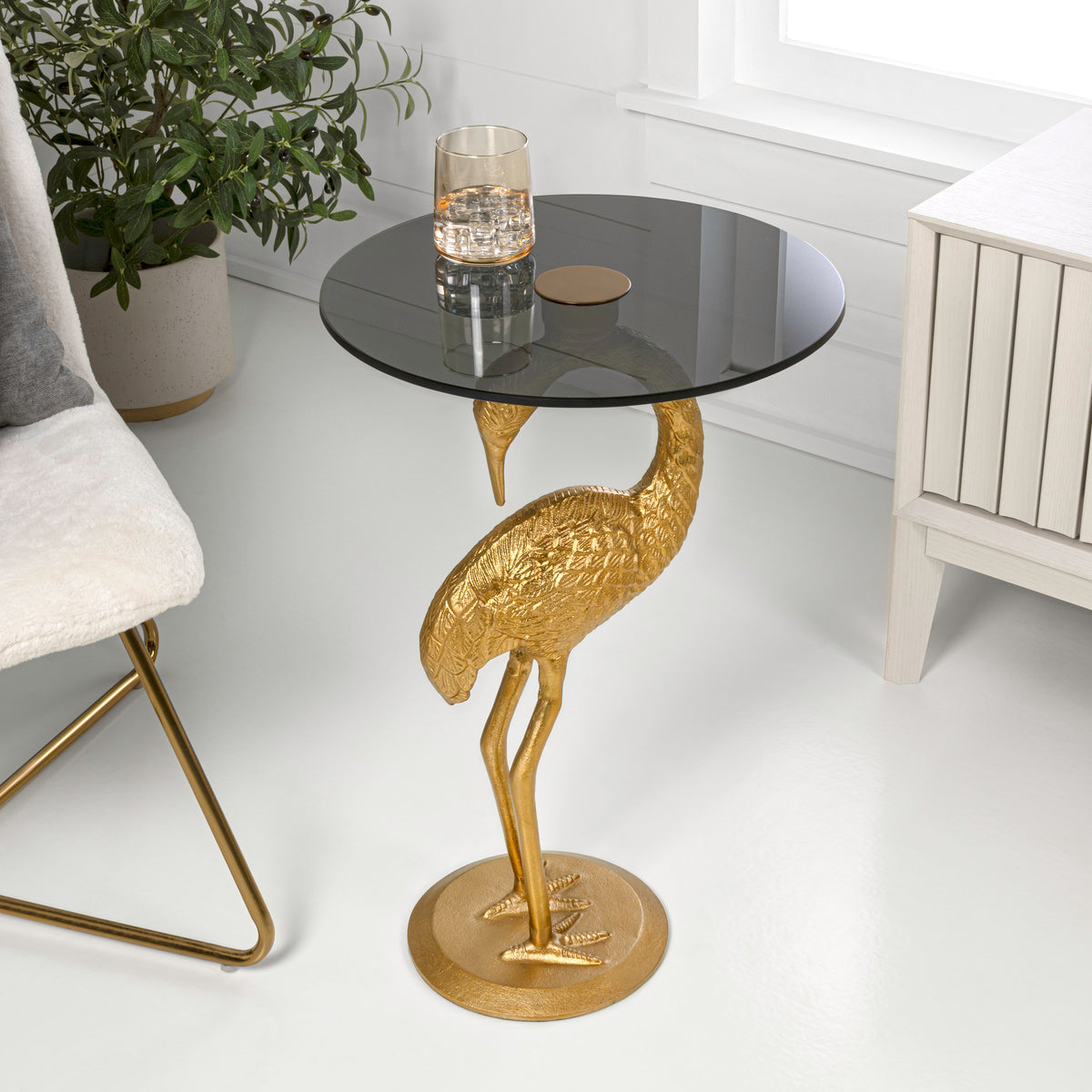 Aster 25" Classic Mid-Century Glass Top Flamingo End Table