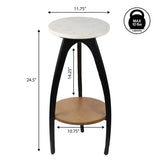 Calyra 24.5" Designer Farmhouse Metal Tripod Drink Table and Decorative End Table with White Marble Round Top and Wood Undershelf