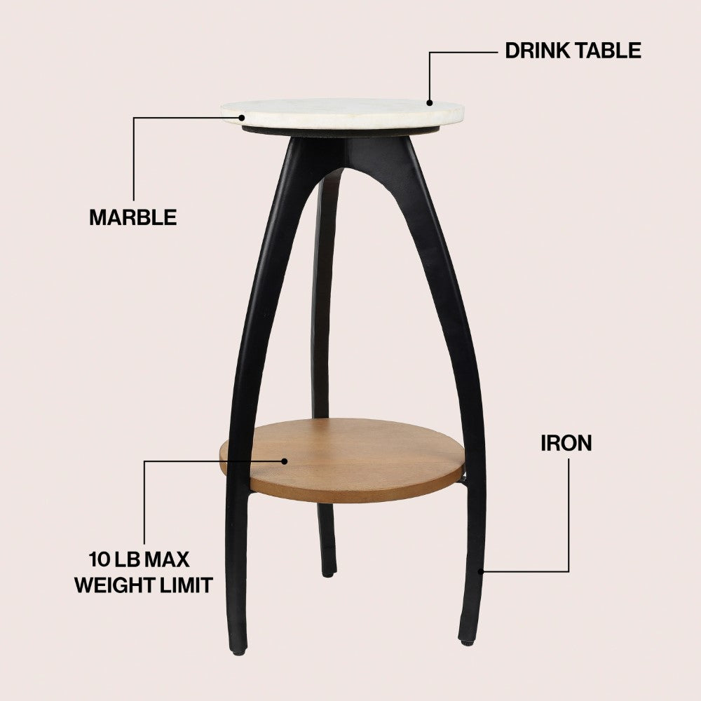 Calyra 24.5" Designer Farmhouse Metal Tripod Drink Table and Decorative End Table with White Marble Round Top and Wood Undershelf