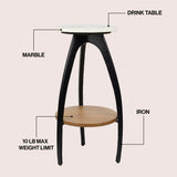Calyra 24.5" Designer Farmhouse Metal Tripod Drink Table and Decorative End Table with White Marble Round Top and Wood Undershelf