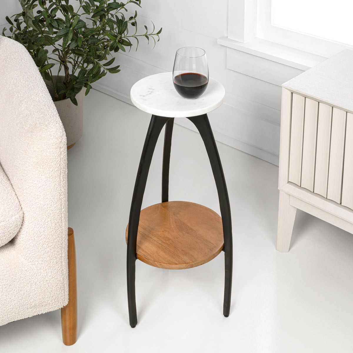 Calyra 24.5" Designer Farmhouse Metal Tripod Drink Table and Decorative End Table with White Marble Round Top and Wood Undershelf