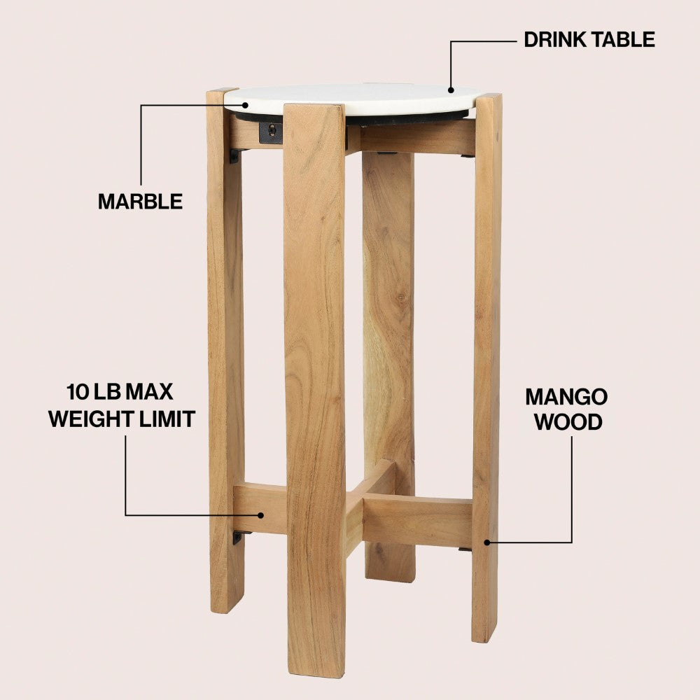 Elmora 24" Minimalist Structured Wood Drink Table and Decorative End Table with White Marble Round Top