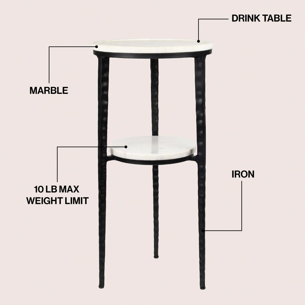Grain 24.75" Industrial 2-Tier Metal Frame Drink Table and Decorative End Table with White Marble Round Top