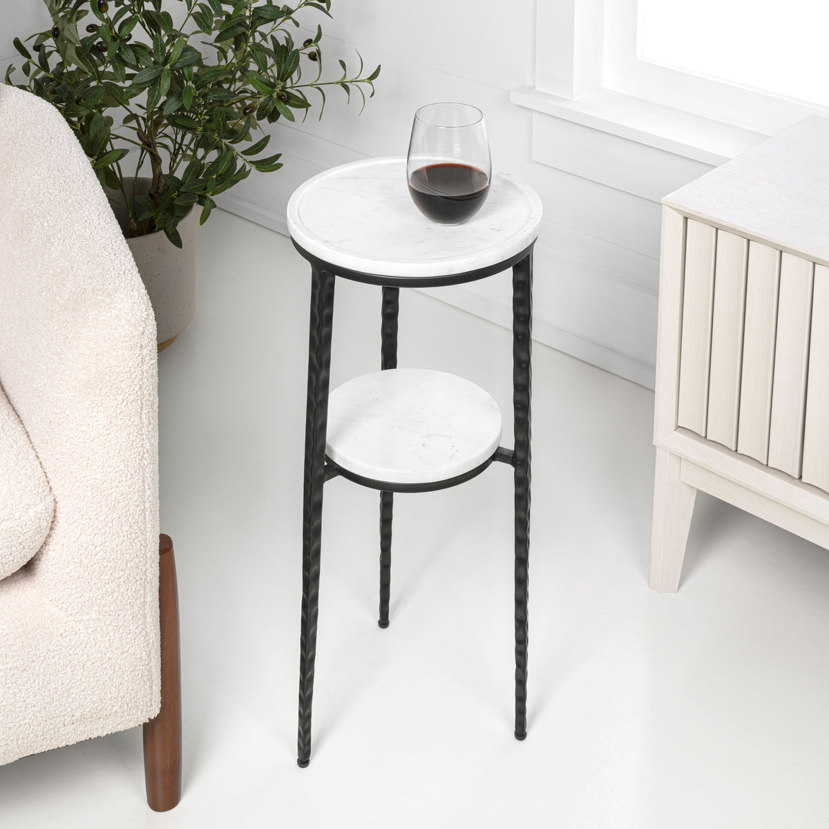 Grain 24.75" Industrial 2-Tier Metal Frame Drink Table and Decorative End Table with White Marble Round Top