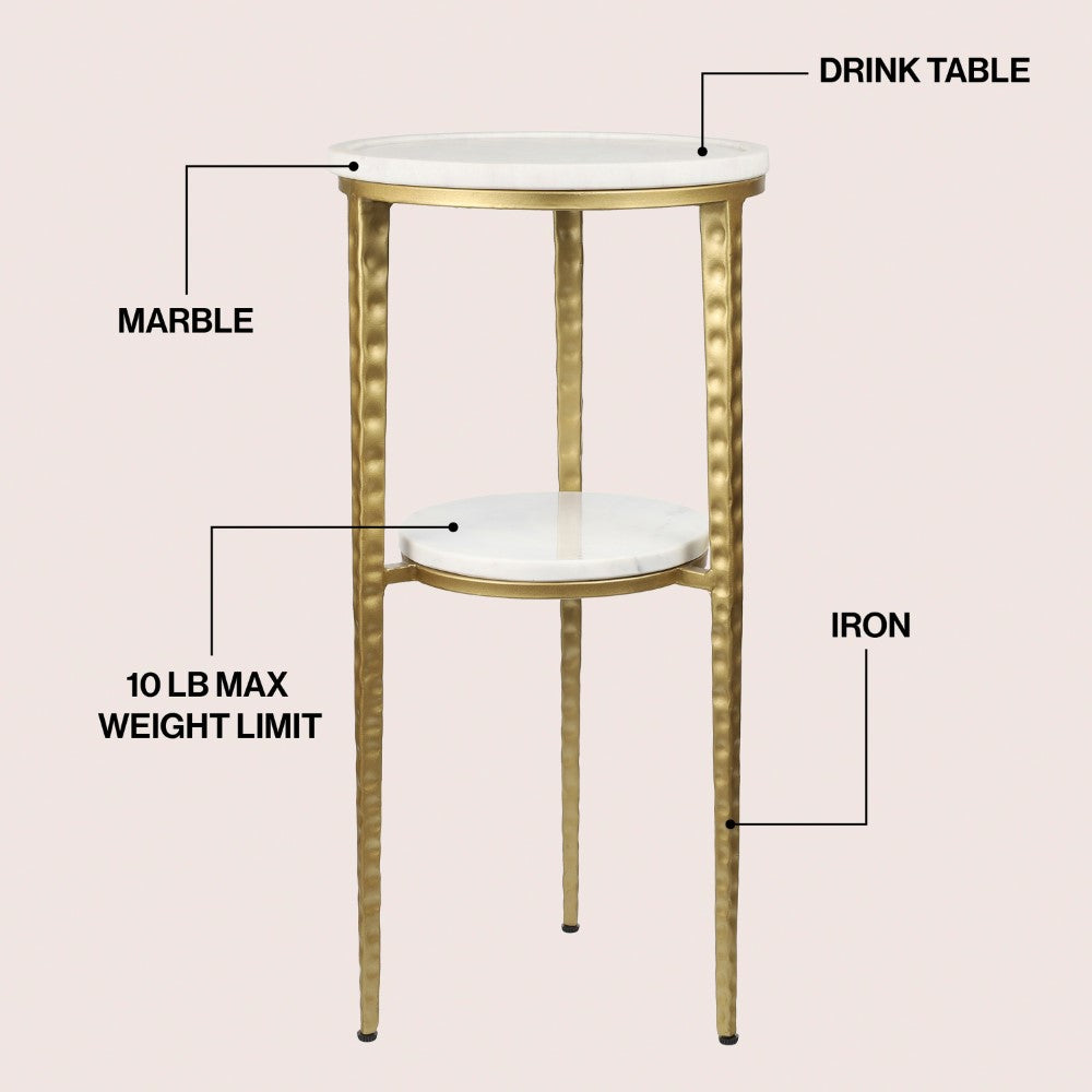 Grain 24.75" Industrial 2-Tier Metal Frame Drink Table and Decorative End Table with White Marble Round Top