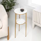 Grain 24.75" Industrial 2-Tier Metal Frame Drink Table and Decorative End Table with White Marble Round Top