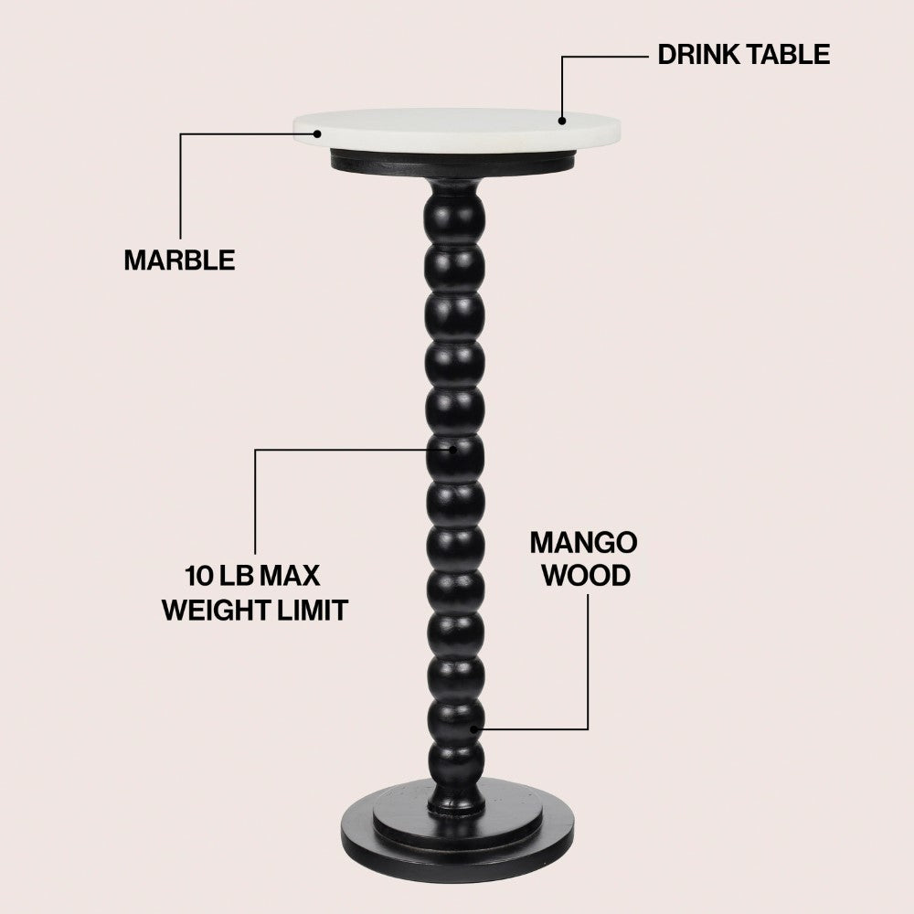 Maple 24.25" Rustic Farmhouse Spindle Wood Drink Table and Decorative End Table with White Marble Round Top