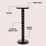 Maple 24.25" Rustic Farmhouse Spindle Wood Drink Table and Decorative End Table with White Marble Round Top