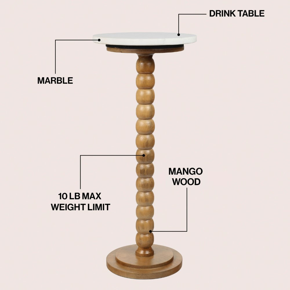 Maple 24.25" Rustic Farmhouse Spindle Wood Drink Table and Decorative End Table with White Marble Round Top