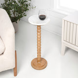 Maple 24.25" Rustic Farmhouse Spindle Wood Drink Table and Decorative End Table with White Marble Round Top