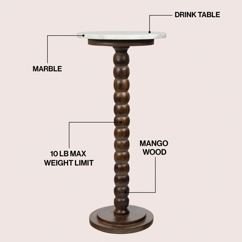 Maple 24.25" Rustic Farmhouse Spindle Wood Drink Table and Decorative End Table with White Marble Round Top