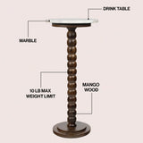 Maple 24.25" Rustic Farmhouse Spindle Wood Drink Table and Decorative End Table with White Marble Round Top