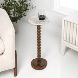 Maple 24.25" Rustic Farmhouse Spindle Wood Drink Table and Decorative End Table with White Marble Round Top