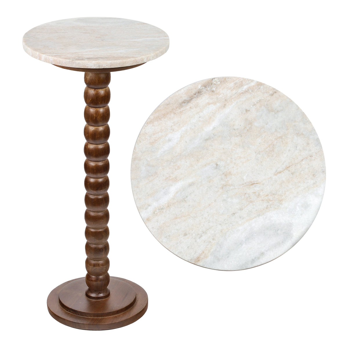 Maple 24.25" Rustic Farmhouse Spindle Wood Drink Table and Decorative End Table with White Marble Round Top