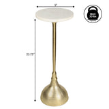 Sylva 23.75" Art Deco Contemporary Metal Pedestal Drink Table and Decorative End Table with White Marble Round Top and Hammered Base