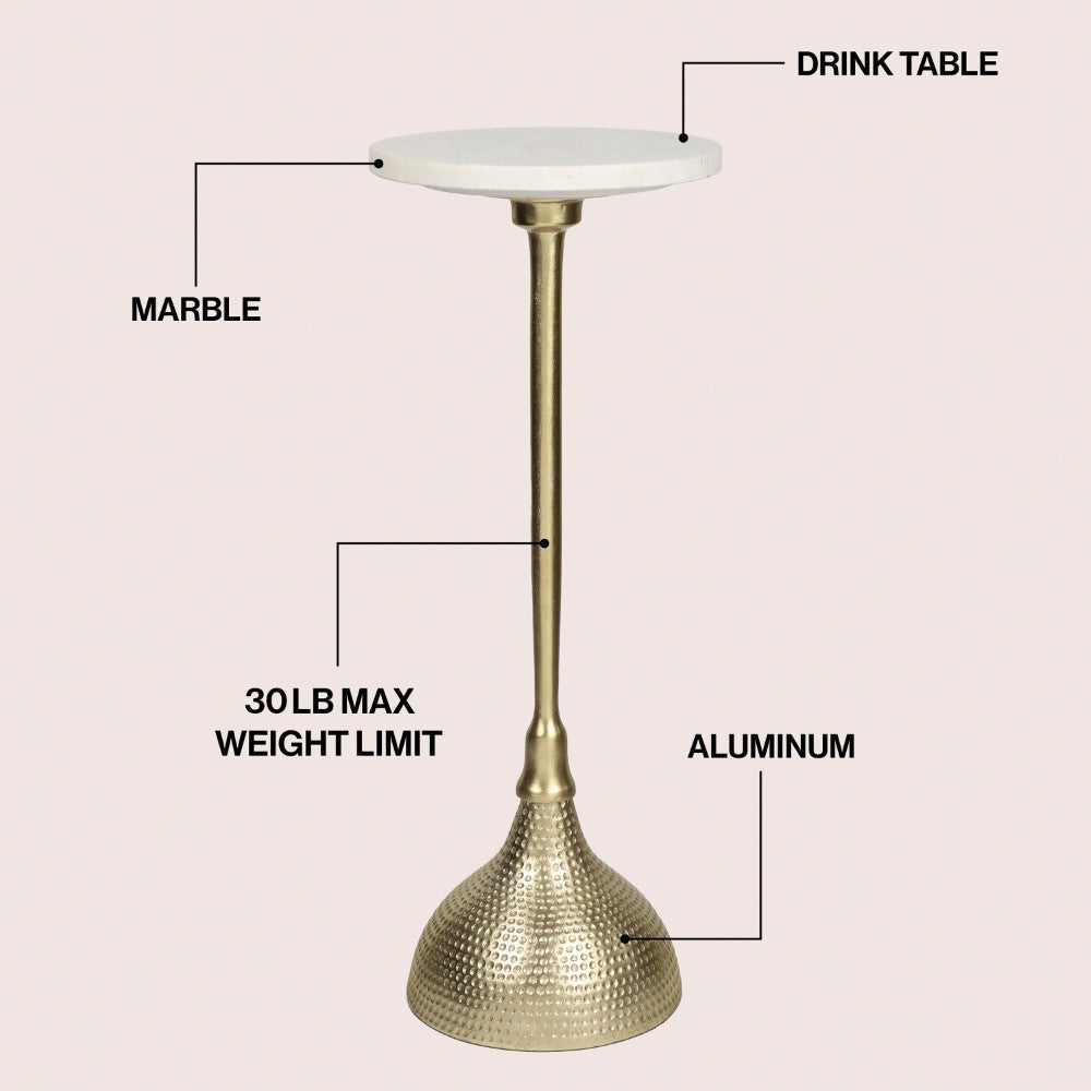 Sylva 23.75" Art Deco Contemporary Metal Pedestal Drink Table and Decorative End Table with White Marble Round Top and Hammered Base