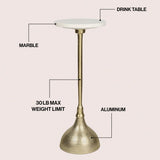 Sylva 23.75" Art Deco Contemporary Metal Pedestal Drink Table and Decorative End Table with White Marble Round Top and Hammered Base