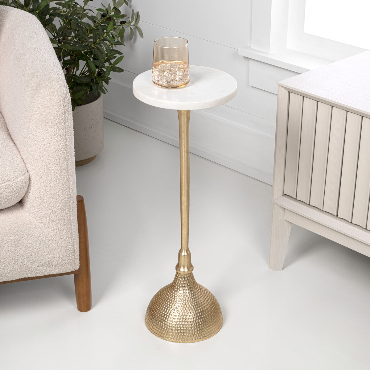 Sylva 23.75" Art Deco Contemporary Metal Pedestal Drink Table and Decorative End Table with White Marble Round Top and Hammered Base