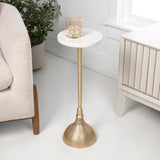 Sylva 23.75" Art Deco Contemporary Metal Pedestal Drink Table and Decorative End Table with White Marble Round Top and Hammered Base
