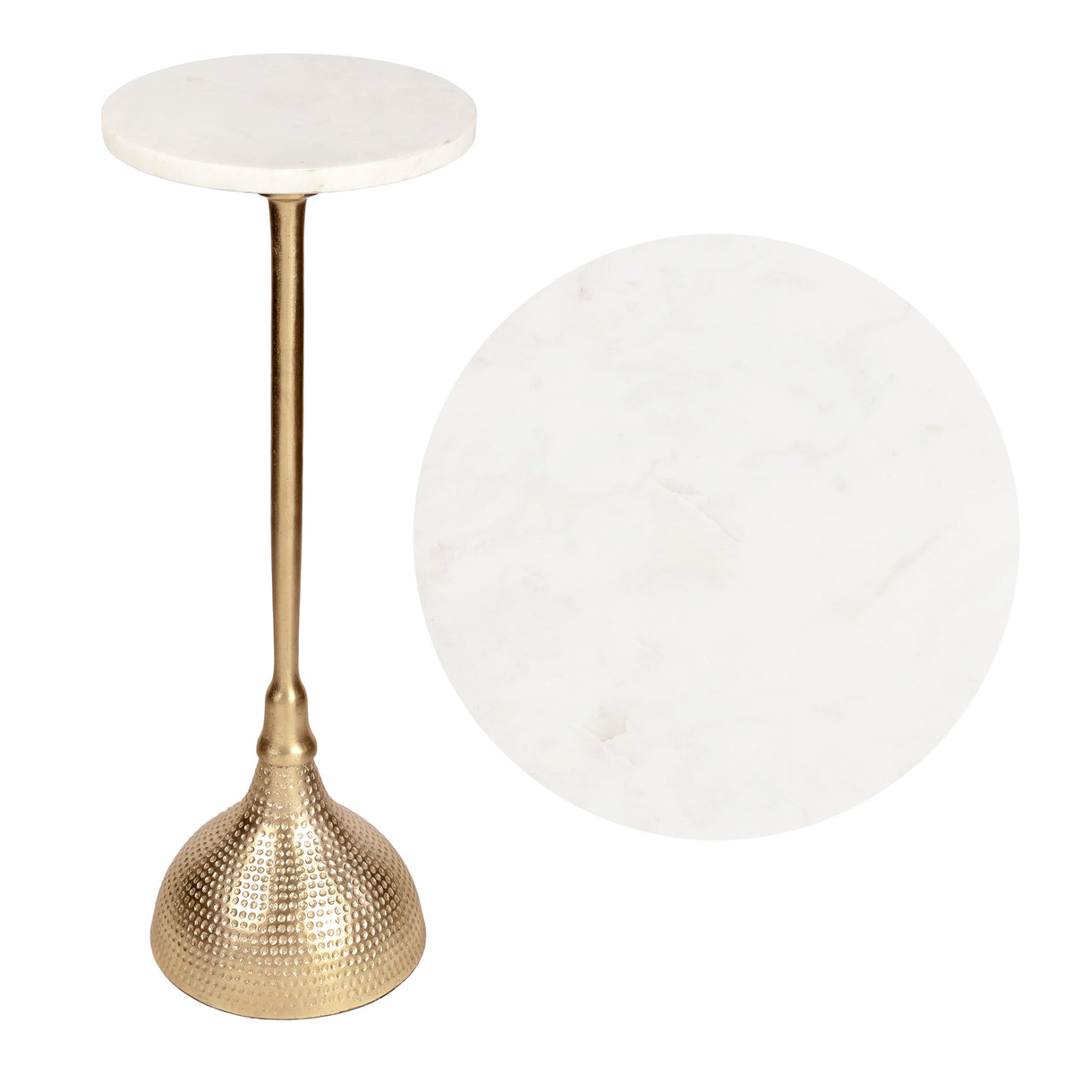 Sylva 23.75" Art Deco Contemporary Metal Pedestal Drink Table and Decorative End Table with White Marble Round Top and Hammered Base