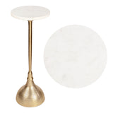 Sylva 23.75" Art Deco Contemporary Metal Pedestal Drink Table and Decorative End Table with White Marble Round Top and Hammered Base