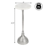 Sylva 23.75" Art Deco Contemporary Metal Pedestal Drink Table and Decorative End Table with White Marble Round Top and Hammered Base