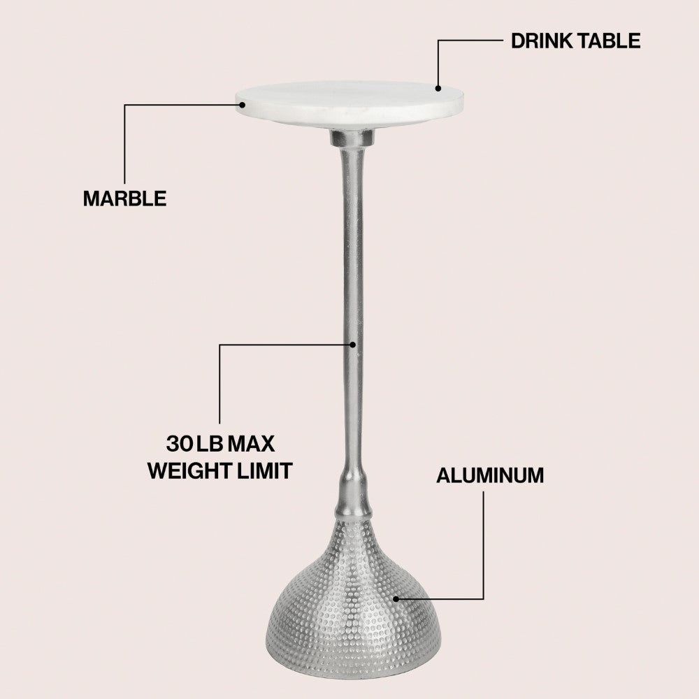 Sylva 23.75" Art Deco Contemporary Metal Pedestal Drink Table and Decorative End Table with White Marble Round Top and Hammered Base