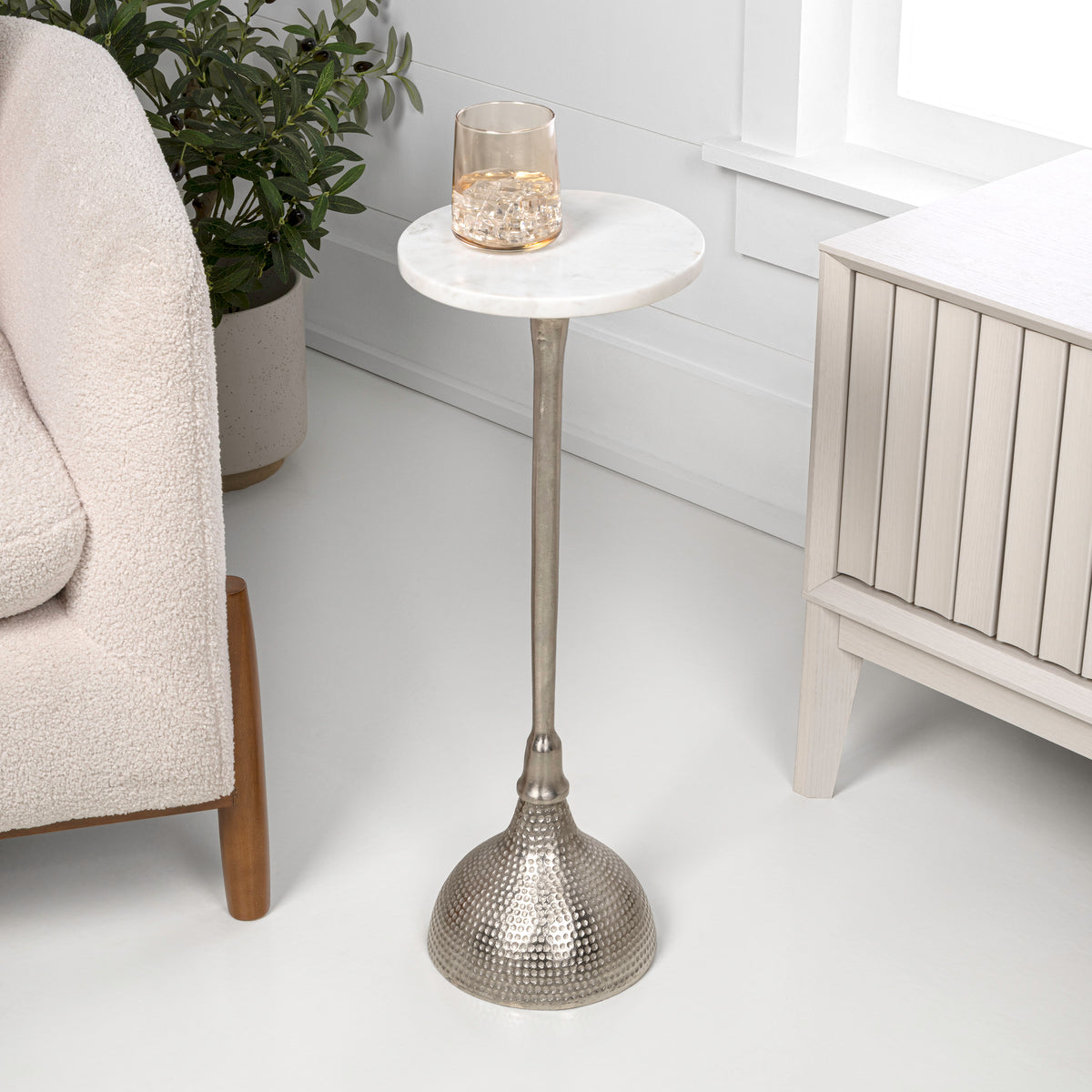 Sylva 23.75" Art Deco Contemporary Metal Pedestal Drink Table and Decorative End Table with White Marble Round Top and Hammered Base