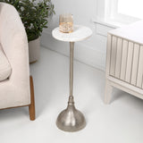 Sylva 23.75" Art Deco Contemporary Metal Pedestal Drink Table and Decorative End Table with White Marble Round Top and Hammered Base