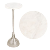 Sylva 23.75" Art Deco Contemporary Metal Pedestal Drink Table and Decorative End Table with White Marble Round Top and Hammered Base