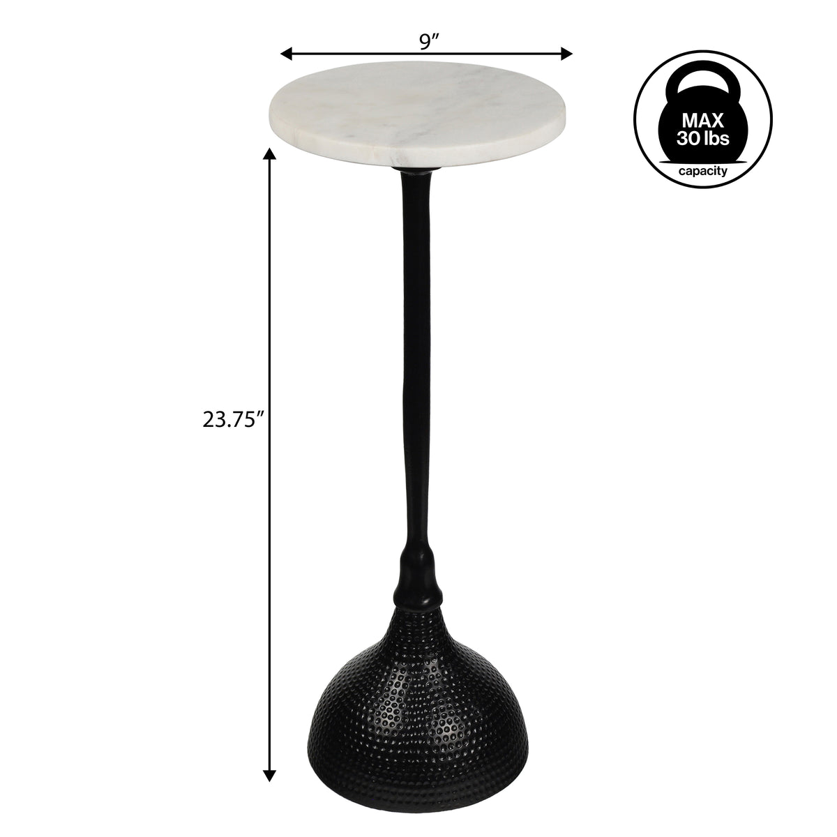 Sylva 23.75" Art Deco Contemporary Metal Pedestal Drink Table and Decorative End Table with White Marble Round Top and Hammered Base