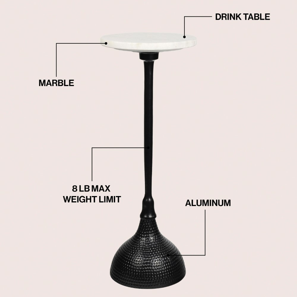 Sylva 23.75" Art Deco Contemporary Metal Pedestal Drink Table and Decorative End Table with White Marble Round Top and Hammered Base