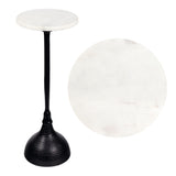 Sylva 23.75" Art Deco Contemporary Metal Pedestal Drink Table and Decorative End Table with White Marble Round Top and Hammered Base