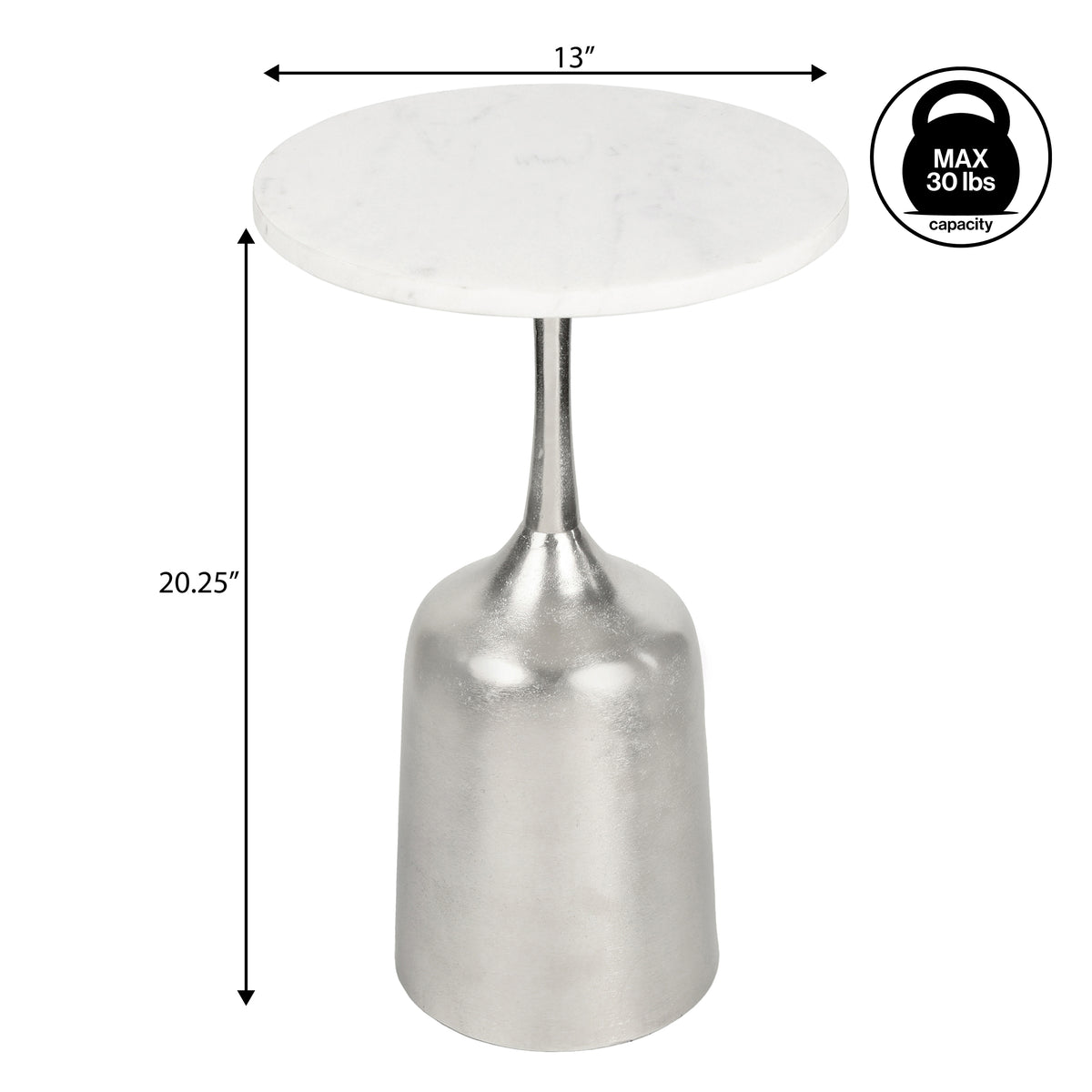 Arthea 20.25" Classic Designer Metal Drink Table and Decorative End Table with White Marble Round Top and Bell Pedestal Base